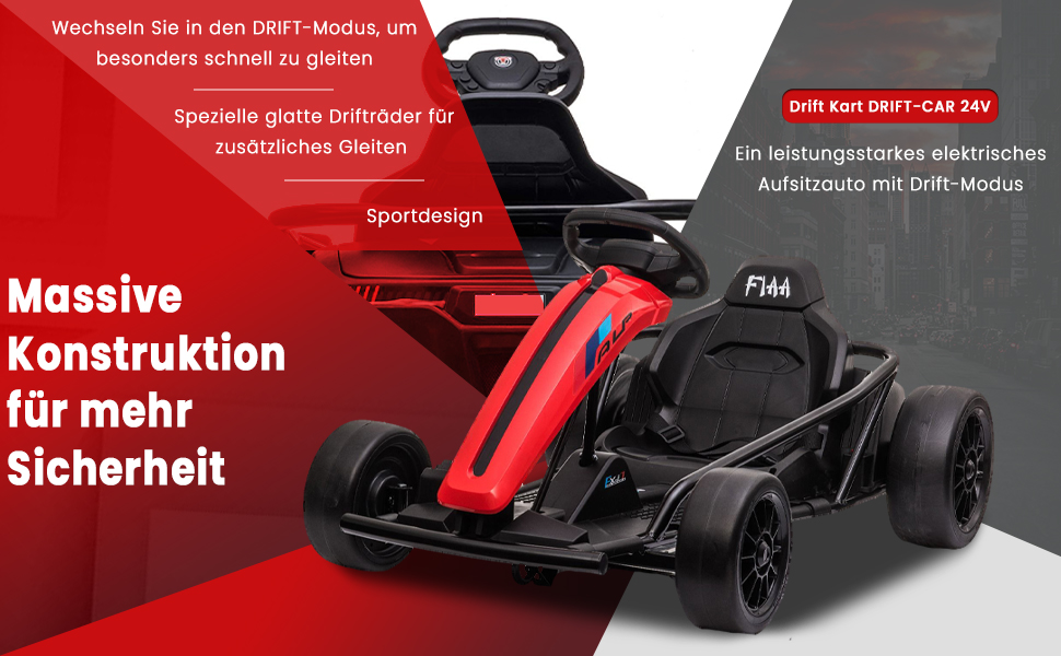Driftkart DRIFT-CAR 24V, rot, glatte Drifträder, 2 x 350W Motor, Driftmodus  bei 18 km / h, 24V Batterie, solide Konstruktion