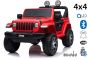 Electric Ride-On JEEP Wrangler, Red, Double Leatherette Seat, Radio with Bluetooth and USB Input, 4x4 Drive, Lithium battery, EVA Wheels, Suspension Axles, 2.4 GHz Remote Control, Licensed