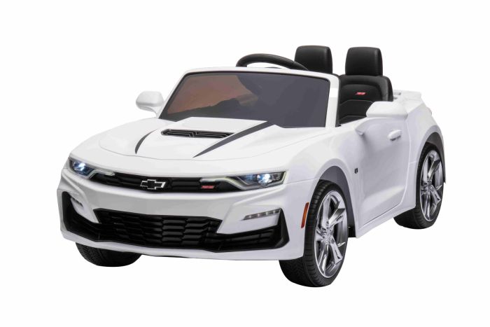 Electric Ride on car Chevrolet Camaro White Original Licenced 12V Battery Powered Opening Doors Leather Seat 2x 35W Engine LED Lights 2.4 Ghz remote control Soft EVA wheels Smooth start