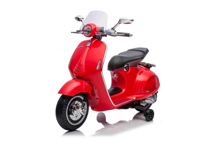 Electric ride on Scoooter Vespa 946 with reverse gear red Licensed auxiliary wheels 2 x 6V Battery 2x 30W Engines Leather seat MP3 Player with
