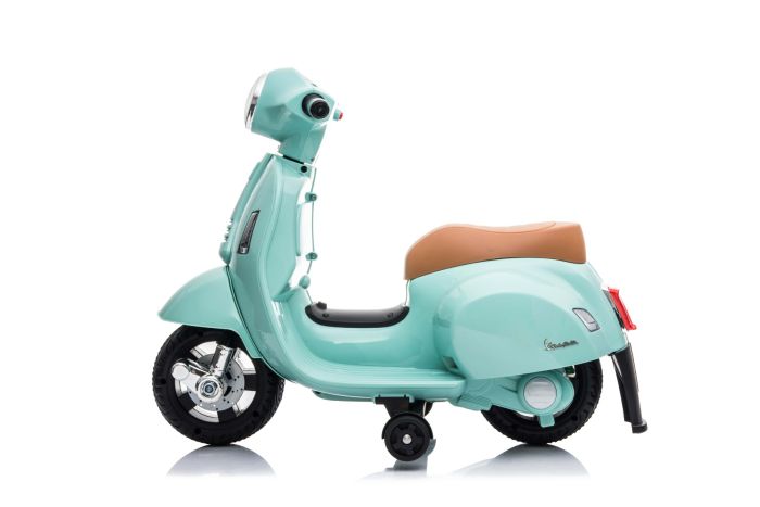 Electric Ride on Scooter Vespa GTS teal with auxiliary wheels Licensed 6V Battery Leather seat 30W