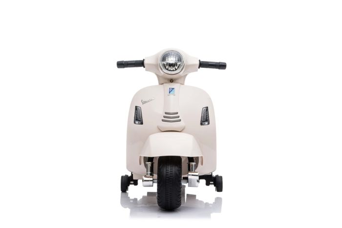 Electric Ride on Scooter Vespa GTS white with auxiliary wheels Licensed 6V Battery Leather seat 30W