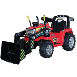 Electric Tractor MASTERS with ladle, red, Rear wheel drive, 12V battery,2 x 25W Engines, Front Ladle, wide plastic seat, 2.4 GHz Remote control, MP3 player with AUX input, LED Lights