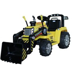 Electric Tractor MASTERS with ladle, yellow, Rear wheel drive, 12V battery,2 x 25W Engines, Front Ladle, wide plastic seat, 2.4 GHz Remote control, MP3 player with AUX input, LED Lights