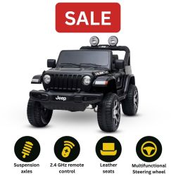 Electric Ride-On JEEP Wrangler, Black, Double Leatherette Seat, Radio with Bluetooth and USB Input, 4x4 Drive, 12V10Ah Battery, EVA Wheels, Suspension Axles, 2.4 GHz Remote Control, Licensed