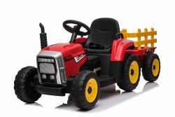Electric Tractor WORKERS with trailer, red, Rear wheel drive, 12V battery, Plastic wheels, wide seat, 2.4 GHz Remote control, MP3 player with USB, LED Lights