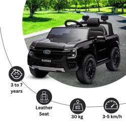 Electric Ride-on car FORD Ranger 12V, black, Leather seat, 2.4 GHz remote control, Bluetooth / USB Input, Suspension, 12V battery, Plastic wheels, 2 X 30W Engines, ORIGINAL license