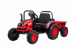 Electric Tractor POWER with trailer, red, Rear wheel drive, 12V battery, Plastic wheels, wide seat, 2.4 GHz Remote control, MP3 player with USB, LED Lights