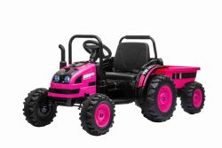 Electric Tractor POWER with trailer, pink, Rear wheel drive, 12V battery, Plastic wheels, wide seat, 2.4 GHz Remote control, MP3 player with USB, LED Lights