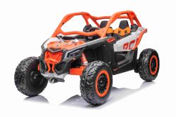 Electric Ride-on car Can-am Maverick, orange, two-seater, front and rear suspension, 2.4 Ghz remote controller, portable battery, 4 x 35W Engines, EVA wheels, adjustable driver seat, MP3 player with USB/SD input, Licensed