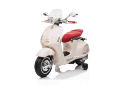Electric ride-on Scoooter Vespa 946 with reverse gear, white, Licensed, auxiliary wheels, 2 x 6V Battery, 2x 30W Engines, Leather seat, MP3 Player with USB input