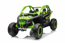 Electric Ride-on car Can-am Maverick, green, two-seater, front and rear suspension, 2.4 Ghz remote controller, portable battery, 4 x 35W Engines, EVA wheels, adjustable driver seat, MP3 player with USB/SD input, Licensed
