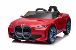 Electric Ride-on car BMW i4, red, 2.4 GHz remote control, USB / AUX / Bluetooth, Rear wheel suspension, 12V battery, LED lights, 2 X 25W Engine, ORIGINAL license