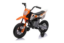 Electric Ride-on MOTOCROSS, Orange, 12V battery, EVA soft wheels, Leather seat, 2 x 25W Engine, Suspension, Metal frame, MP3 Player with Bluetooth, auxiliary wheels