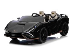 Electric Ride-on car Lamborghini Sian 4X4, black, 12V, 2.4 GHz remote control, USB / AUX Input, Bluetooth, Suspension, Vertical opening doors, soft EVA wheels, LED Lights, ORIGINAL license