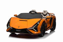 Electric Ride-on car Lamborghini Sian 4X4, orange, 12V, 2.4 GHz remote control, USB / AUX Input, Bluetooth, Suspension, Vertical opening doors, soft EVA wheels, LED Lights, ORIGINAL license