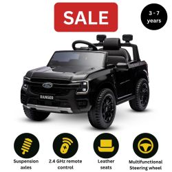 Electric Ride-on car FORD Ranger 12V, black, Leather seat, 2.4 GHz remote control, Bluetooth / USB Input, Suspension, 12V battery, Plastic wheels, 2 X 30W Engines, ORIGINAL license