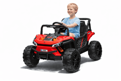 Electric ride-on car UTV Small 12V, red, Rear wheel drive, 12V battery, Plastic wheels, Wide double seat for one child only, 2.4 GHz Remote control, MP3 player with USB/SD input, LED Lights