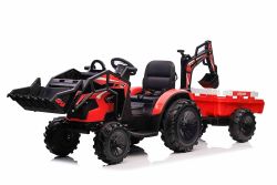 Electric tractor TOP-WORKER 12V with buckets and trailer, Single seat, red, soft PU seat, MP3 Player with USB input, Rear drive, 2 x 45W Motor, EVA wheels, Lithium battery