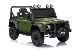 Electric Ride-on car Land Rover Defender 110 SVX 12V, green, 4X4 drive, LED lights, front and rear wheel suspension, 2.4 GHz remote control, USB/Aux Input, Bluetooth, Lithium battery, 4 X 25W motor, ORIGINAL license