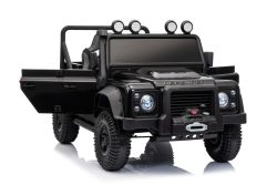 Electric Ride-on car Land Rover Defender 110 SVX 12V, black, 4X4 drive, LED lights, front and rear wheel suspension, 2.4 GHz remote control, USB/Aux Input, Bluetooth, Lithium battery, 4 X 25W motor, ORIGINAL license