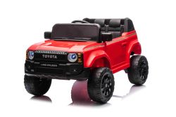Electric ride-on car Toyota Landcruiser 12V, red, wide single seat, 2.4 GHz remote control, USB / AUX Input, Bluetooth, Suspension, Lithium battery, LED lights, 2 X 25W Engine, ORIGINAL license
