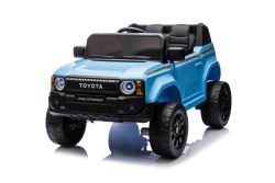 Electric ride-on car Toyota Landcruiser 12V, blue, wide single seat, 2.4 GHz remote control, USB / AUX Input, Bluetooth, Suspension, Lithium battery, LED lights, 2 X 25W Engine, ORIGINAL license