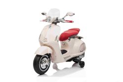 Electric ride-on Scoooter Vespa 946 with reverse gear, white, Licensed, auxiliary wheels, Lithium battery, 2x 30W Engines, Leather seat, MP3 Player with USB input