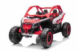 Electric Ride-on car Can-am Maverick 24V, red, two-seater, rear suspension, 2.4 Ghz remote controller, Portable Lithium Battery, 4 x 200W Engines, EVA wheels, adjustable driver seat, MP3 player with USB/SD input, Licensed