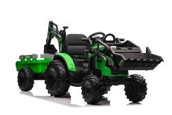 Electric tractor TOP-WORKER 12V with buckets and trailer, Single seat, green, soft PU seat, MP3 Player with USB input, Rear drive, 2 x 45W Motor, EVA wheels, Lithium battery
