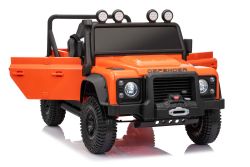 Electric Ride-on car Land Rover Defender 110 SVX 12V, orange, 4X4 drive, LED lights, front and rear wheel suspension, 2.4 GHz remote control, USB/Aux Input, Bluetooth, Lithium battery, 4 X 25W motor, ORIGINAL license