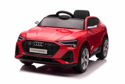 Electric Ride-on car Audi E-tron Sportback 12V, red, wide single seat with three-point seat belt, 2.4 GHz remote control, USB/AUX Input, Suspension, Lithium battery, LED lights, 2 X 25W Motor, ORIGINAL license