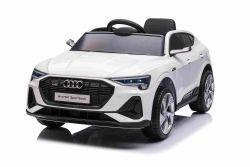 Electric Ride-on car Audi E-tron Sportback 12V, white, wide single seat with three-point seat belt, 2.4 GHz remote control, USB/AUX Input, Suspension, Lithium battery, LED lights, 2 X 25W Motor, ORIGINAL license