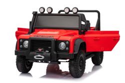Electric Ride-on car Land Rover Defender 110 SVX 12V, red, 4X4 drive, LED lights, front and rear wheel suspension, 2.4 GHz remote control, USB/Aux Input, Bluetooth, Lithium battery, 4 X 25W motor, ORIGINAL license