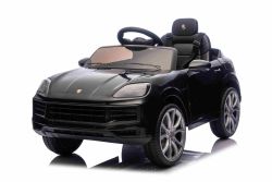 Electric Ride-on car Porsche Cayenne 12V with rear-wheel drive - Licensed (Single seat), black, Lithium battery, wide seat, Suspension axles, 2.4 GHz Remote control, MP3 player with USB/AUX input, LED lights