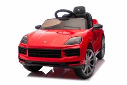 Electric Ride-on car Porsche Cayenne 12V with rear-wheel drive - Licensed (Single seat), red, Lithium battery, wide seat, Suspension axles, 2.4 GHz Remote control, MP3 player with USB/AUX input, LED lights
