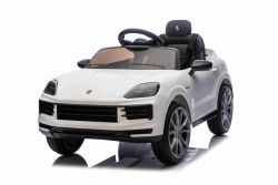 Electric Ride-on car Porsche Cayenne 12V with rear-wheel drive - Licensed (Single seat), white, Lithium battery, wide seat, Suspension axles, 2.4 GHz Remote control, MP3 player with USB/AUX input, LED lights