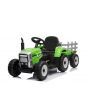 Electric Tractor WORKERS with trailer, green, Rear wheel drive, 12V battery, Plastic wheels, wide seat, 2.4 GHz Remote control, MP3 player with USB, LED Lights