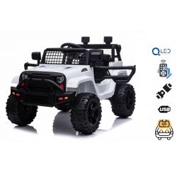 OFFROAD electric car with rear-wheel drive, white, 12V battery, High chassis, wide seat, Suspended axles, 2.4 GHz Remote control, MP3 player with USB, LED lights