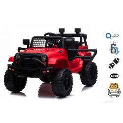 OFFROAD electric car with rear-wheel drive, red, 12V battery, High chassis, wide seat, Suspended axles, 2.4 GHz Remote control, MP3 player with USB, LED lights