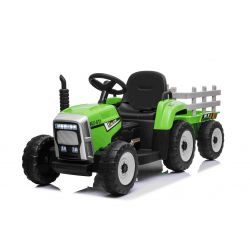 Electric Tractor WORKERS with trailer, green, Rear wheel drive, 12V battery, Plastic wheels, wide seat, 2.4 GHz Remote control, MP3 player with USB, LED Lights