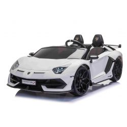 Electric Ride on Car Lamborghini Aventador 12V for two users, White, Vertical opening doors, 2 x 12V Engine, 12V Battery, 2.4 Ghz remote control, Soft EVA wheels, Suspension, Soft start, MP3 Player with USB, Original Licenced