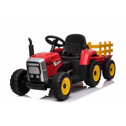 Electric Tractor WORKERS with trailer, red, Rear wheel drive, 12V battery, Plastic wheels, wide seat, 2.4 GHz Remote control, MP3 player with USB, LED Lights