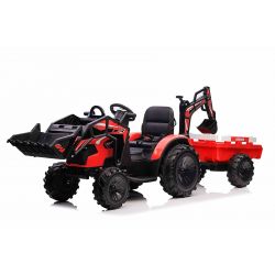 Electric tractor TOP-WORKER 12V with ladles and trailer, Single seater, red, 2,4Ghz Remote controller, soft PU seat, MP3 Player with USB input, Rear drive, 2 x 45W Motor, EVA wheels, 12V / 10Ah battery