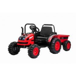 Electric Tractor POWER with trailer, red, Rear wheel drive, 12V battery, Plastic wheels, wide seat, 2.4 GHz Remote control, MP3 player with USB, LED Lights