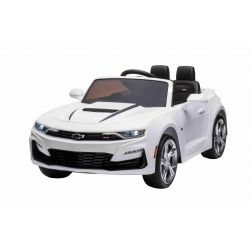 Electric Ride-on car Chevrolet Camaro, White, Original Licensed, 12V Battery Powered, Opening Doors, Artificial Leather Seat, 2x 35W Engine, LED Lights, 2.4 Ghz remote control, Soft EVA wheels, Smooth start