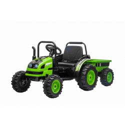 Electric Tractor POWER with trailer, green, Rear wheel drive, 12V battery, Plastic wheels, wide seat, 2.4 GHz Remote control, MP3 player with USB, LED Lights