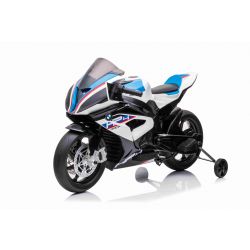 Electric Motorbike BMW HP4 RACE 12V, Licensed, white, 12V battery, EVA soft wheels, 2 x 35W Engines, Suspension, Metal frame, Metal fork, Auxiliary wheels