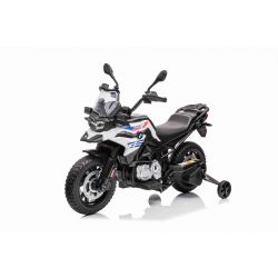 Electric Motorbike BMW F850 GS, Licensed, 12V battery, EVA soft wheels, 2 x 35W Engines, LED Lights, Auxiliary wheels, MP3 Player with USB/Aux input, White