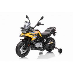 Electric Motorbike BMW F850 GS, Licensed, 12V battery, EVA soft wheels, 2 x 35W Engines, LED Lights, Auxiliary wheels, MP3 Player with USB/Aux input, Yellow